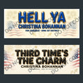 Two rectangular campaign-style posters shown on a dark gray background. The top poster reads “HELLYA CHRISTINA BOHANNAN FOR CONGRESS - IOWA 1ST DISTRICT” with blue lettering, gold outline, and faded American flag and fireworks graphics.