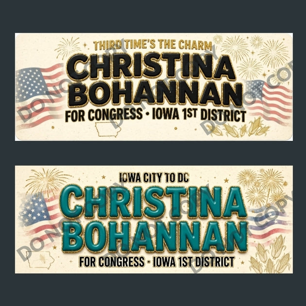 Two horizontal political campaign banners for Christina Bohannan, shown on a dark gray background. The top banner uses a cream background with black and gold text, American flag graphics, and gold fireworks.