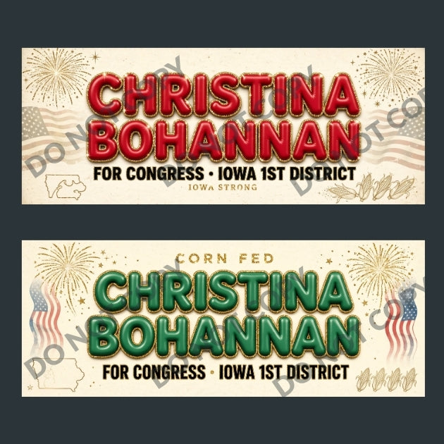 Two horizontal campaign-style banners on a dark gray background. The top banner has red text reading 'CHRISTINA BOHANNAN' with black supporting text and patriotic fireworks/flag motifs.