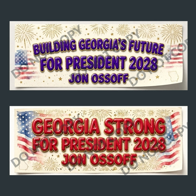 Two rectangular political campaign signs shown on a dark gray background. The top sign reads 'BUILDING GEORGIA'S FUTURE FOR PRESIDENT 2028 JON OSSOFF' in purple text with fireworks and American flag graphics.