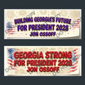 Two rectangular political campaign signs shown on a dark gray background. The top sign reads 'BUILDING GEORGIA'S FUTURE FOR PRESIDENT 2028 JON OSSOFF' in purple text with fireworks and American flag graphics.