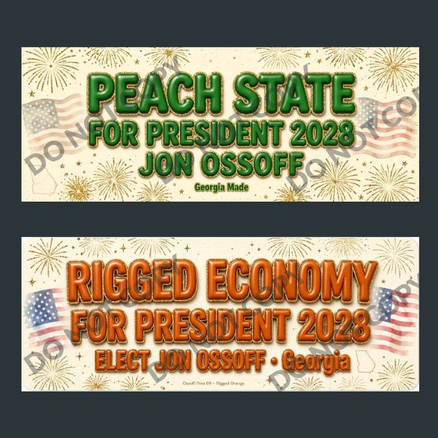 Two rectangular political campaign banners shown on a dark gray background. The top banner reads 'PEACH STATE FOR PRESIDENT 2028 JON OSSOFF' with gold fireworks and faint American flag graphics.