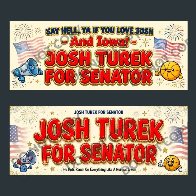 Two horizontal political campaign signs shown on a dark gray background. The signs feature the text 'JOSH TUREK FOR SENATOR' in large red letters with gold outlines, patriotic fireworks and American flag graphics, and cartoon megaphone and smiling face illustrations.